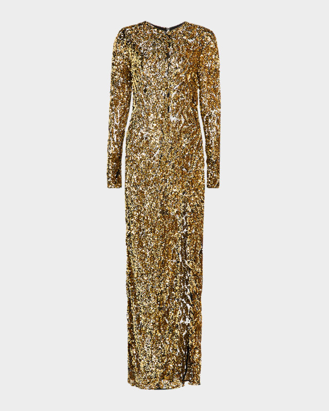 Abstract Sequin Long-Sleeve Slit Gown
